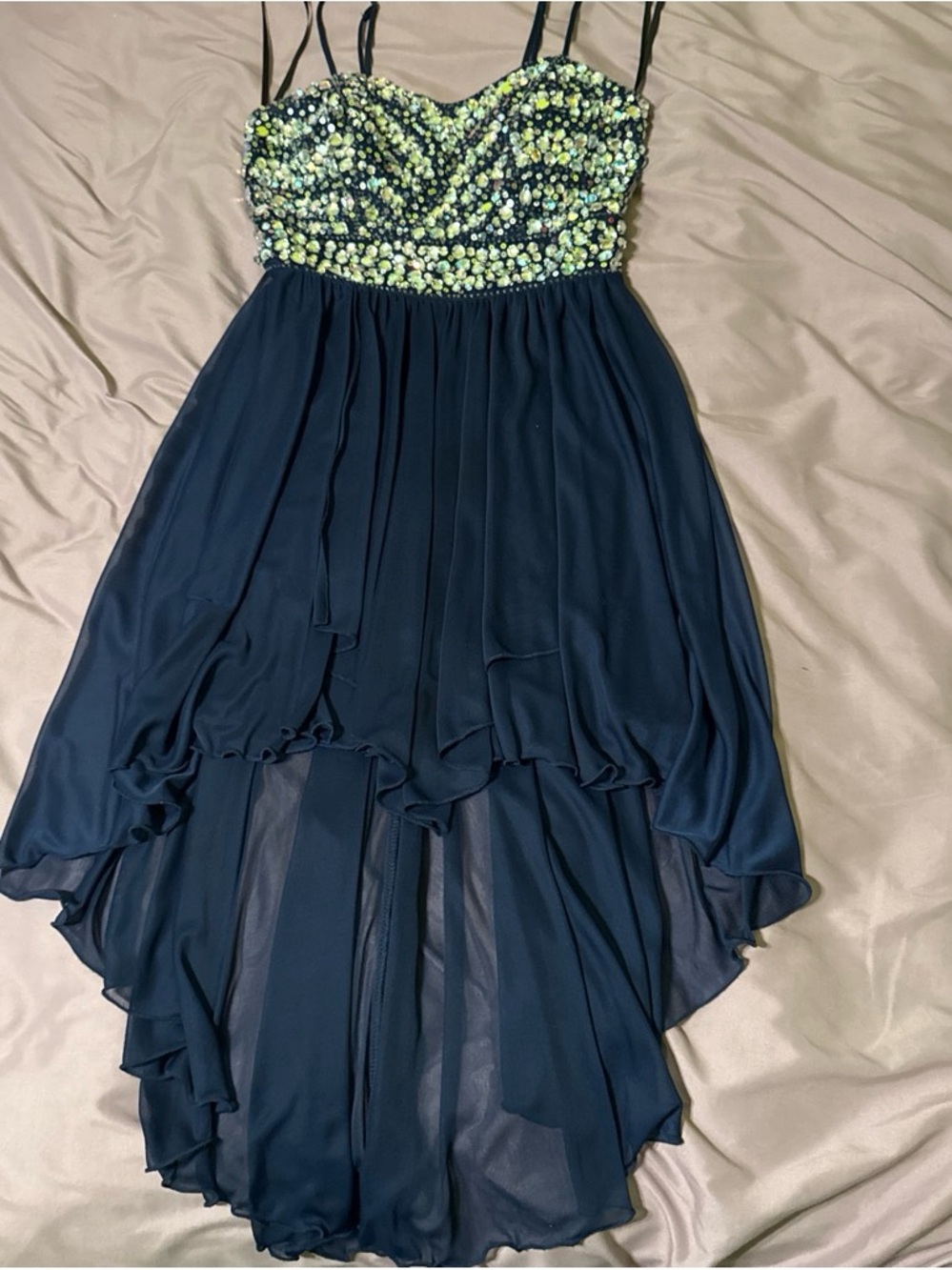 B. Smart Navy Blue Sequin Bodice Hi-Low Prom Dress
